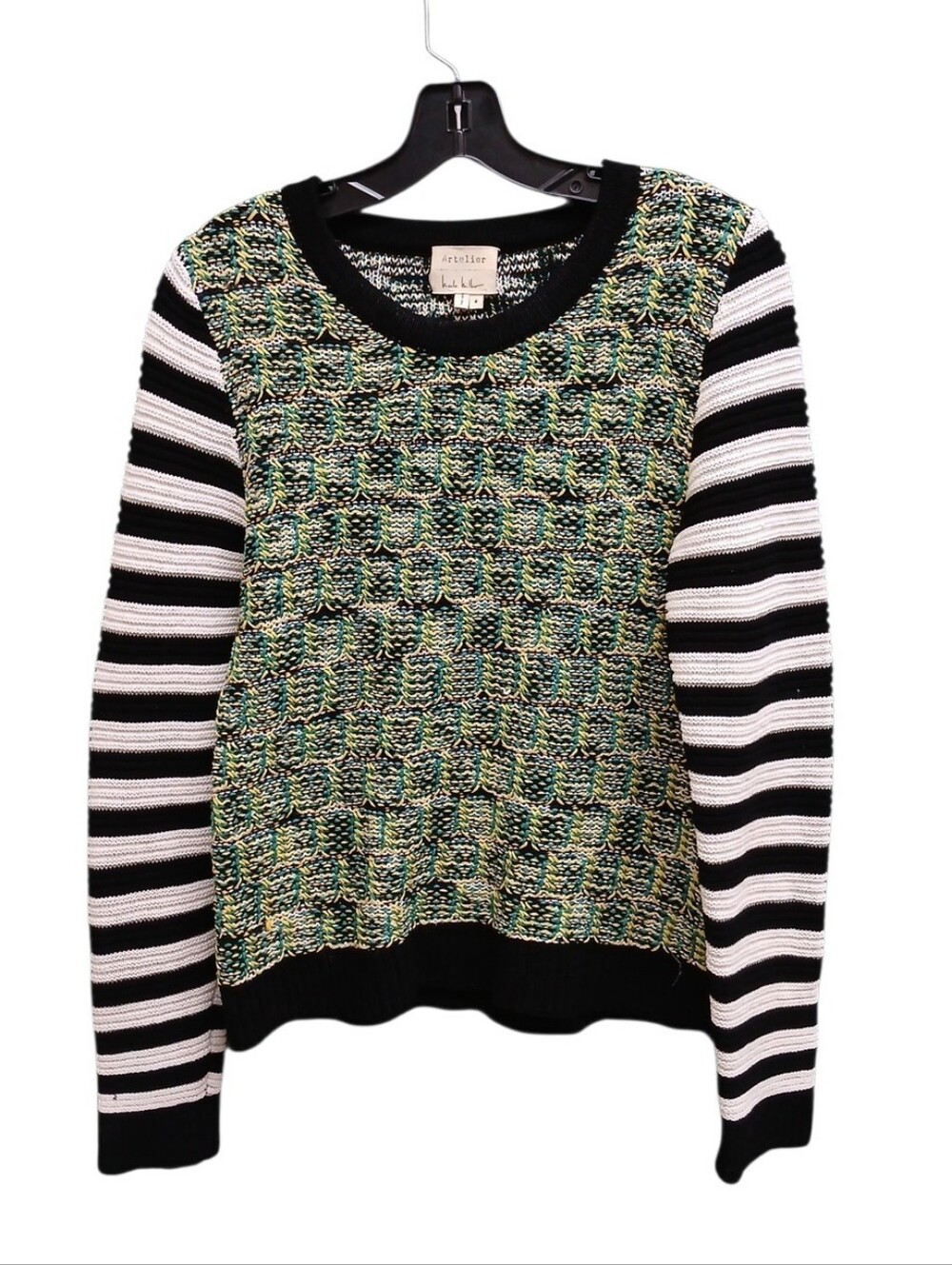 Nicole Miller Artelier Green Mix Print Knit Sweater Striped Sleeves Size Medium